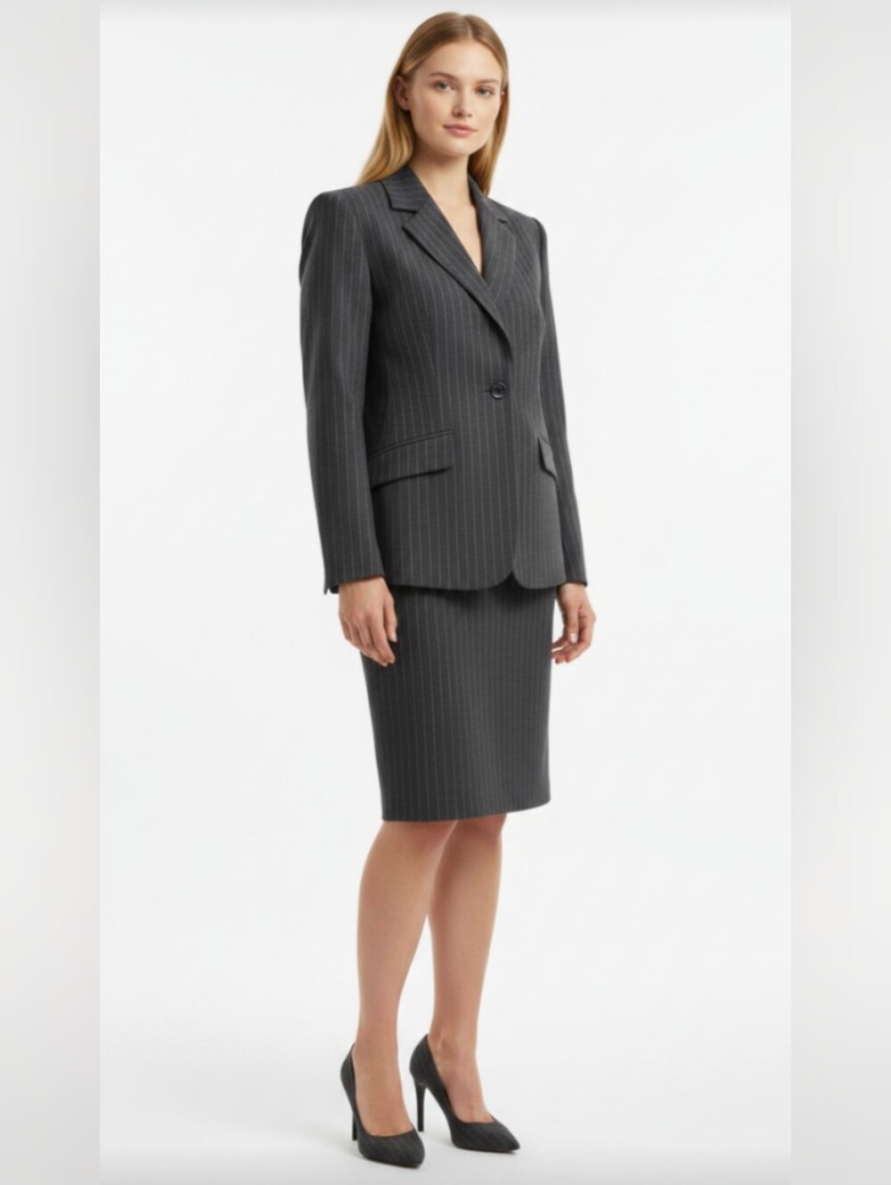 NWOT! WORTHINGTON WOMAN! CLASSIC GRAY PIN STRIPED SKIRT SUIT LONG JACKET! SZ 20W